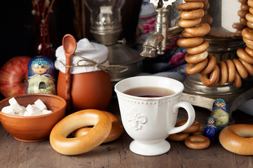 Russian Tea Party including black tea from samovar, lump sugar, bagels sushki and baranki