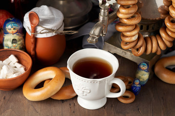 Russian Tea Party including black tea from samovar, lump sugar, bagels sushki and baranki