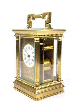 Vintage Antique Gold Carriage Clock On White Background