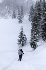 Tourists walking a snowy trail in the mountains