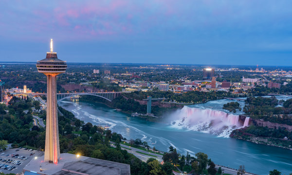 Night aerial view of the Skylon Tower and the beautiful Niagara Falls
