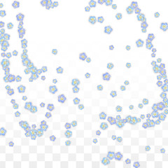 Blue Vector Realistic Blue Petals Falling on Transparent Background.  Spring Romantic Flowers Illustration. Flying Petals. Sakura Spa Design. Blossom Confetti. Design Elements for Wedding Decoration.