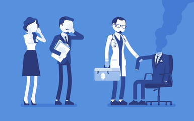Burnout office worker and a doctor. Employee empty suit, man in exhaustion, lost physical, emotional strength, motivation, stress and frustration at workplace. Vector illustration, faceless characters