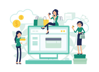 Online shopping electronic commerce and female consumers. Women customers buying goods, services over the Internet, paying with card, giant monitor symbol. Vector illustration with faceless characters