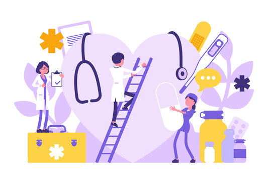 Doctors, general practitioners working. Professional clinic examination of giant heart, hospital equipment and tools. Medicine and healthcare concept. Vector illustration with faceless characters