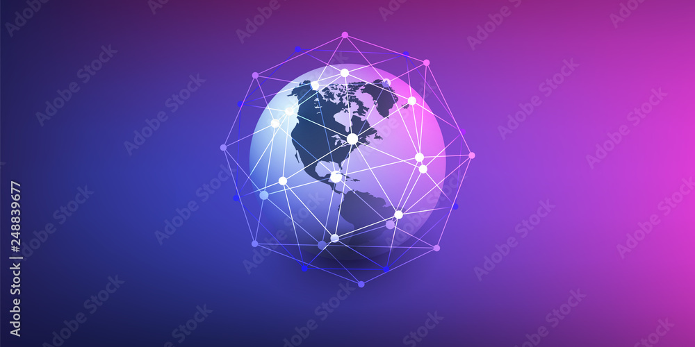 Poster cloud computing and networks concept with earth globe - abstract global digital connections, technol