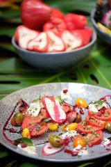 Tropical fruit platter with fruit, meat, seafood, ice cream, fresh food