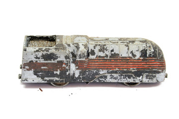 Vintage Red Used Wind Up Toy Train on White Background