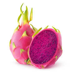 Isolated dragonfruit. Cut red fleshed pitahaya fruit isolated on white background with clipping path