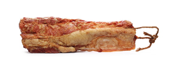Traditional cured, smoked bacon, fat isolated on white background