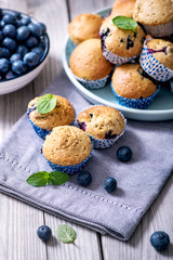 Muffins with blueberries, healthy homemade fresh baked muffins and berries