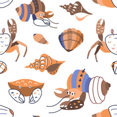 Under the sea theme seamless pattern with cute crab, shell and lobster. Pastel colors.  Vector background for fabric, textile, apparel, wallpaper, wrapping.