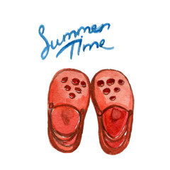 Watercolor Hand Drawn Comfortable Red Rubber Shoes on White Background