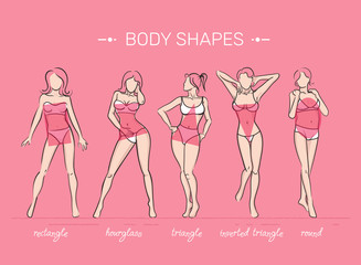 Woman body shapes. What is your body shape. Vector illustration of girls' figures. Women in bathing suits.
