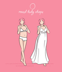 Wedding dress of the round body shape. Bride's white dress vector illustration. Hand-drawn sketches of fashion girls in a wedding dress and a swimsuit.