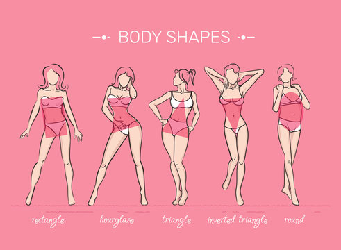 Woman body shapes. What is your body shape. Vector illustration of girls' figures. Women in bathing suits.