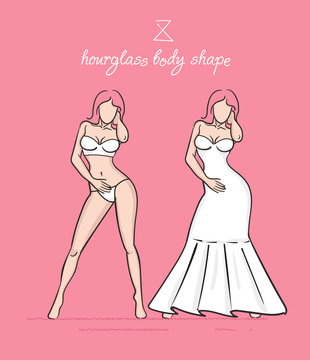 Wedding dress of the hourglass body shape. Bride's white dress vector illustration. Hand-drawn sketches of fashion girls in a wedding dress and a swimsuit.