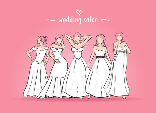 Vector illustration of five brides. Brides in wedding dress standing on the background of the street. The girls in various poses. 