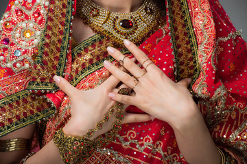 cropped view of indian woman posing in traditional clothing, isolated on grey