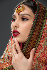 indian beauty posing in traditional sari and bindi, isolated on grey