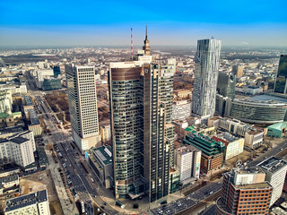 WARSAW, POLAND - FEBRUARY 10, 2019: Beautiful panoramic aerial drone view to panorama cityscape of Warsaw modern City, PKiN and 