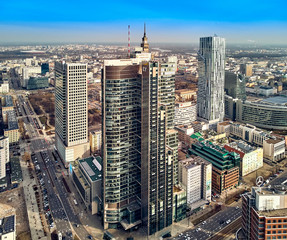 WARSAW, POLAND - FEBRUARY 10, 2019: Beautiful panoramic aerial drone view to panorama cityscape of Warsaw modern City, PKiN and "Rondo 1" office skyscraper located at Rondo ONZ