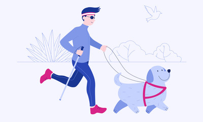 Cheerful young man with white cane and his guide dog are running around in the park. Vision impairment concept. Colorful vector illustration for web and printing.