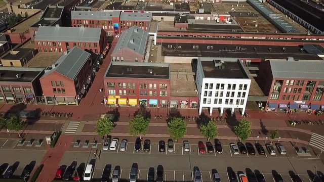 Drone view of the town centre of Dronten in Flevoland, te Netherlands. Cars on the car park.