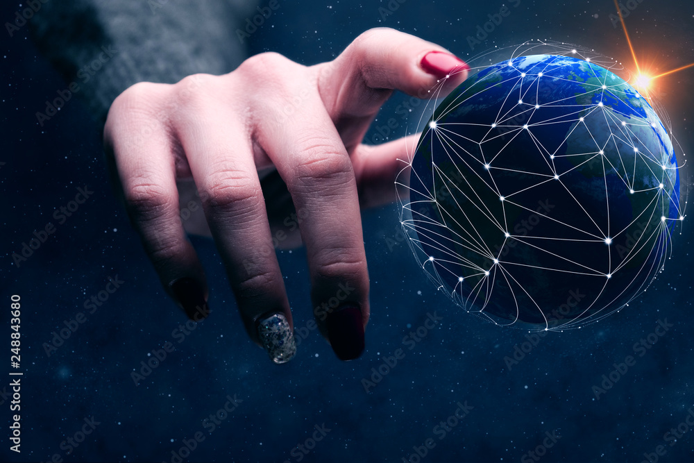 Aufkleber woman touching planet with finger and network web. mixed media.