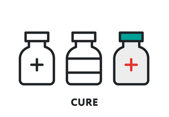 Cure Drugs Pills Bottle Plastic Flask Container. Vector Flat Line Stroke Icon