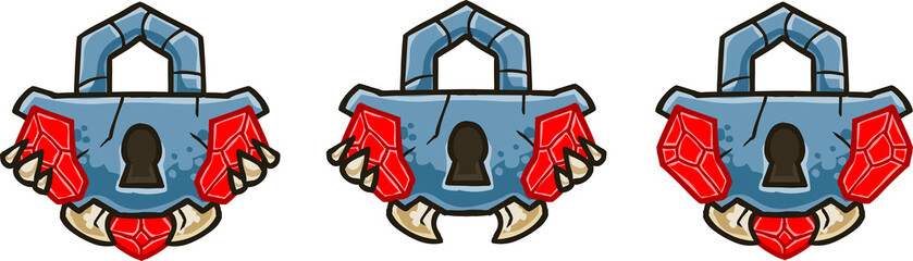 Set of iron padlocks with red gemstones