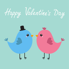 Happy Valentines Day. Two bird couple. Love Greeting card. Boy, girl. Black hat. Cute cartoon kawaii baby character. Flat design. Blue background.