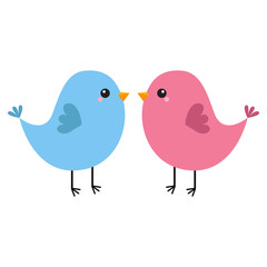 Pink and blue bird couple. Happy Valentines Day. Love Greeting card. Cute cartoon kawaii baby character. Flat design. White background. Isolated.