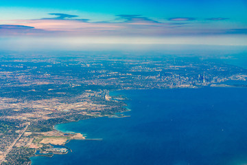 Aerial view of the Mississauga and Toronto area cityscape