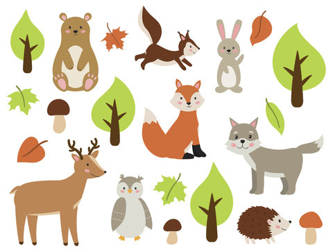 Set of forest animals. Cute cartoon fox, rabbit, bear, wolf, owl, squirrel, deer and hedgehog. Autumn tree and leaf. Vector illustration for nursery.