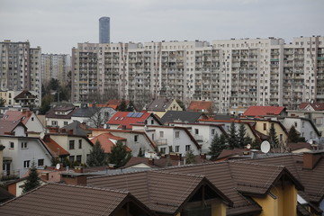 Urban, city landscape during the winter. Housing estate. Blocks of flats, skyscraper, houses. Wrocław, Wroclaw. Gaj. Lower Silesia, Dolny Śląsk. Poland, Polen, Polska.