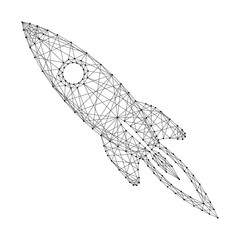 Space rocket taking off cartoonish from abstract futuristic polygonal black lines and dots. Vector illustration.
