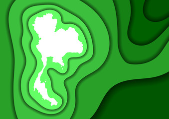 Thailand map abstract schematic from green layers paper cut 3D waves and shadows one over the other. Layout for banner, poster, greeting card. Vector illustration.