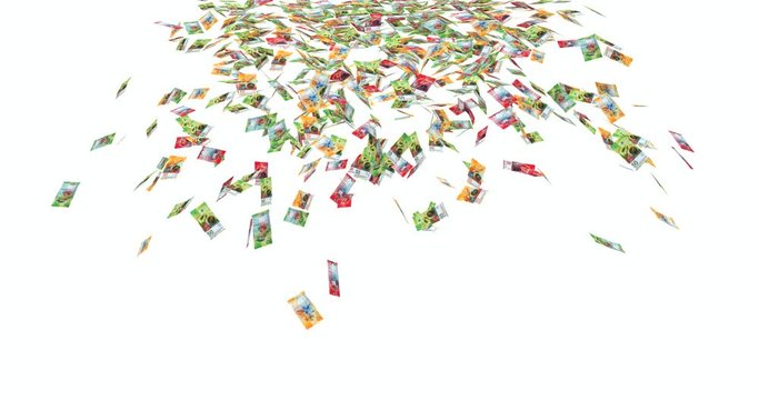 3D rendering of a computer generated animation showing banknotes of 10, 20 and 50 Swiss Francs falling down onto a virtual floor, on white background, followed by alpha channel