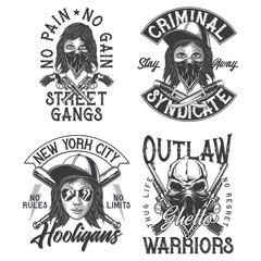 Criminal theme monochrome labels set with hand drawn illustrations of bandit girl, skull, knives, revolvers, baseball bats. Isolated on white background.