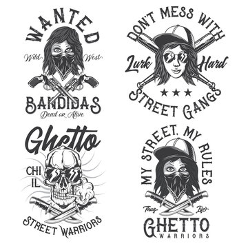 Criminal theme monochrome labels set with hand drawn illustrations of bandit girl, skull, knives, revolvers, baseball bats. Isolated on white background.