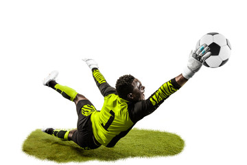 Male soccer player goalkeeper catching ball in jump. Silhouette of fit man with ball isolated on white studio background - Powered by Adobe