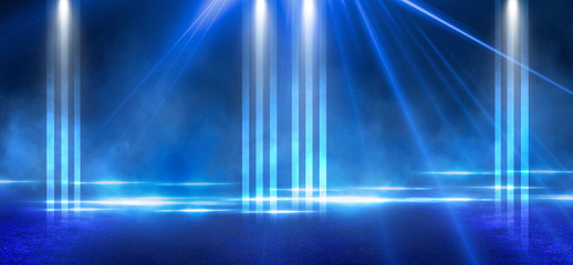 The background of wet asphalt, the reflection of the night lights of the city, neon light, smoke