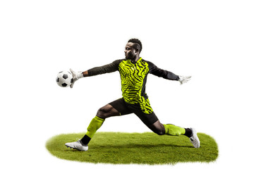 Fototapeta na wymiar Male soccer player goalkeeper catching ball in jump. Silhouette of fit man with ball isolated on white studio background