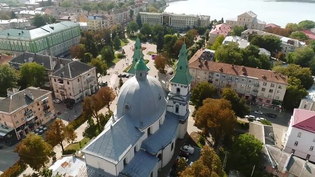aerial view Cathedral,lake, quay Ternopil, Ukraine