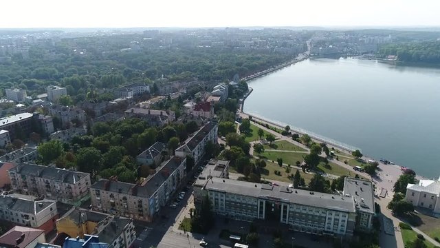 aerial view Cathedral,lake, quay Ternopil, Ukraine