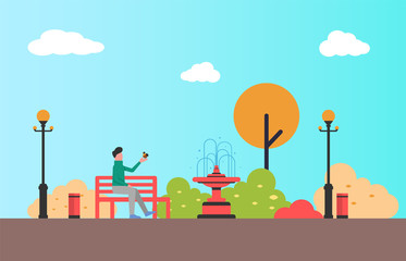 Man sitting on bench and holding bird in hands. Autumn landscape, fountain and color trees. Vector street lamp and bins, blue sky vector in flat design