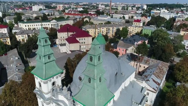 aerial view Cathedral,lake, quay Ternopil, Ukraine