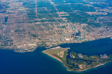 Aerial view of the Toronto area cityscape with the islands