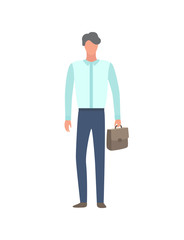 Consulting manager in flat design cartoon style vector person with portfolio briefcase. Financial analytic with male bag isolated on white, banking worker